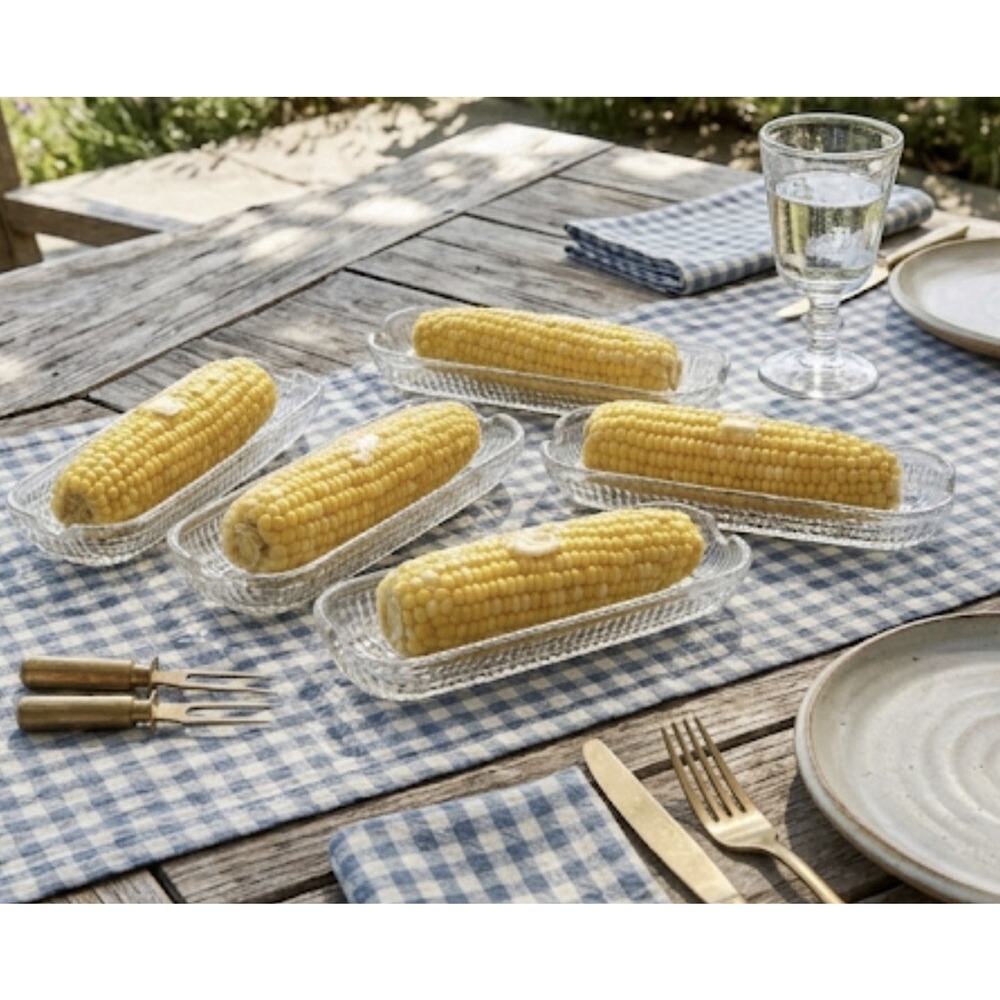 5 Vintage Clear Glass CORN ON THE COB Individual Pressed Serving Dish Holders